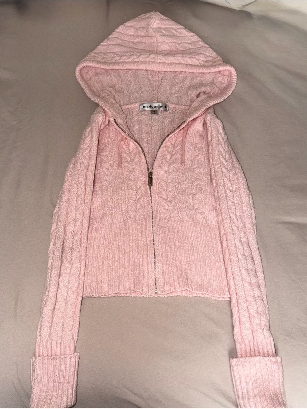 Madden Girl Pink Cable Knit Hooded Sweater - Picture 3 of 3